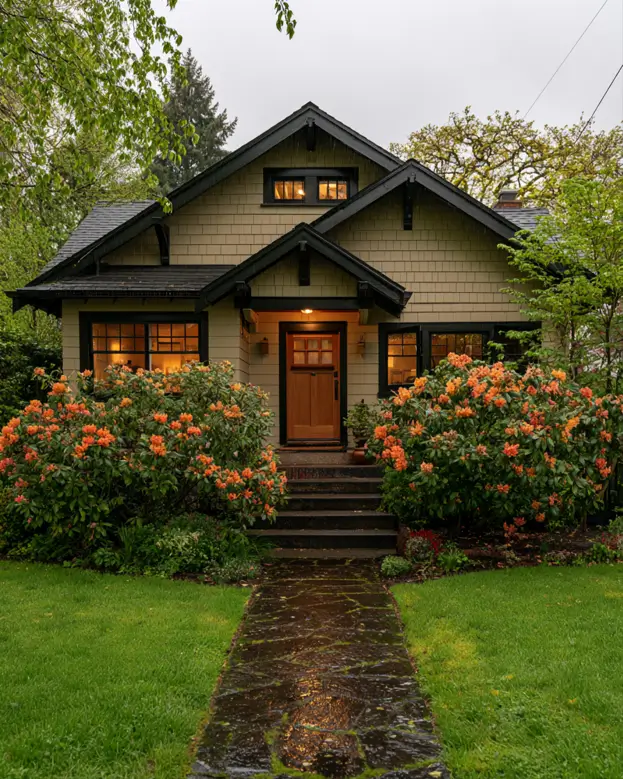 40 Tan House With Black Trim Exteriors Worth Copying 21 Tan house with black trim on a Craftsman bungalow, with greige shingle siding and a warm wood door