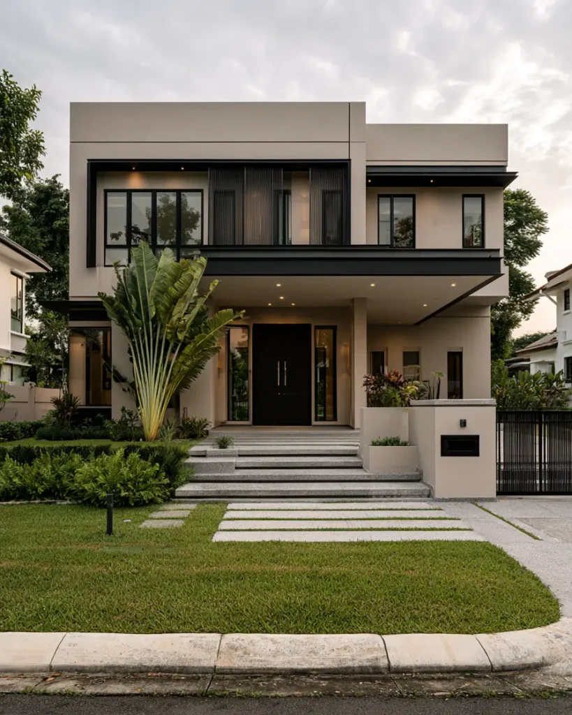 Taupe House With Black Trim: 28 Ideas + Best Paint Colors 4 Taupe house with black trim on a greige contemporary home with black double doors and a covered entry
