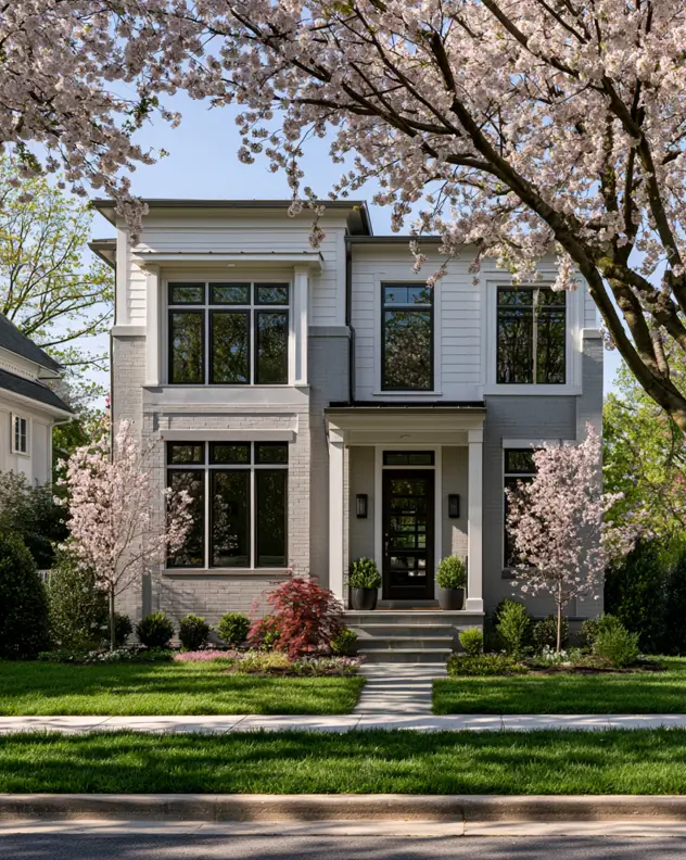 Modern Grey and White House Exterior: 30 Two-Tone Ideas 4 Modern grey and white house exterior with light grey painted brick, white trim, black-framed windows, and cherry blossoms in front