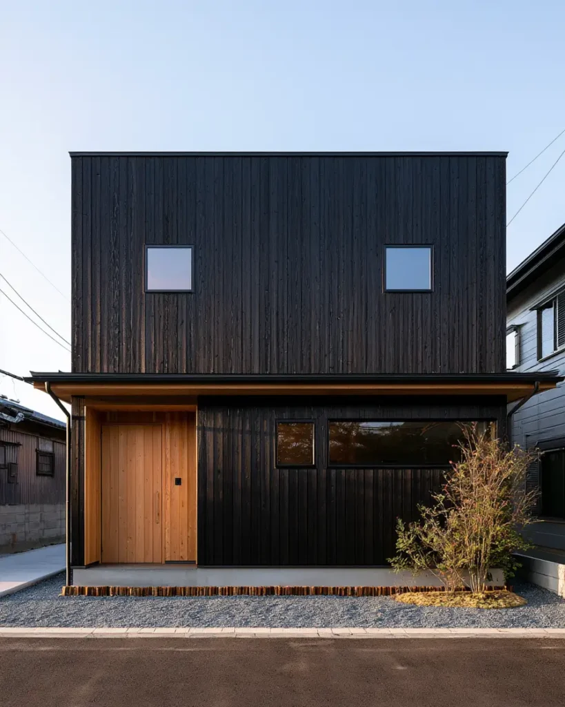 Modern Japanese House Design: 58 Ideas, Costs, and What Defines the Style 4 A broad untreated cedar entrance panel set into charred black cladding below a thin eave line.