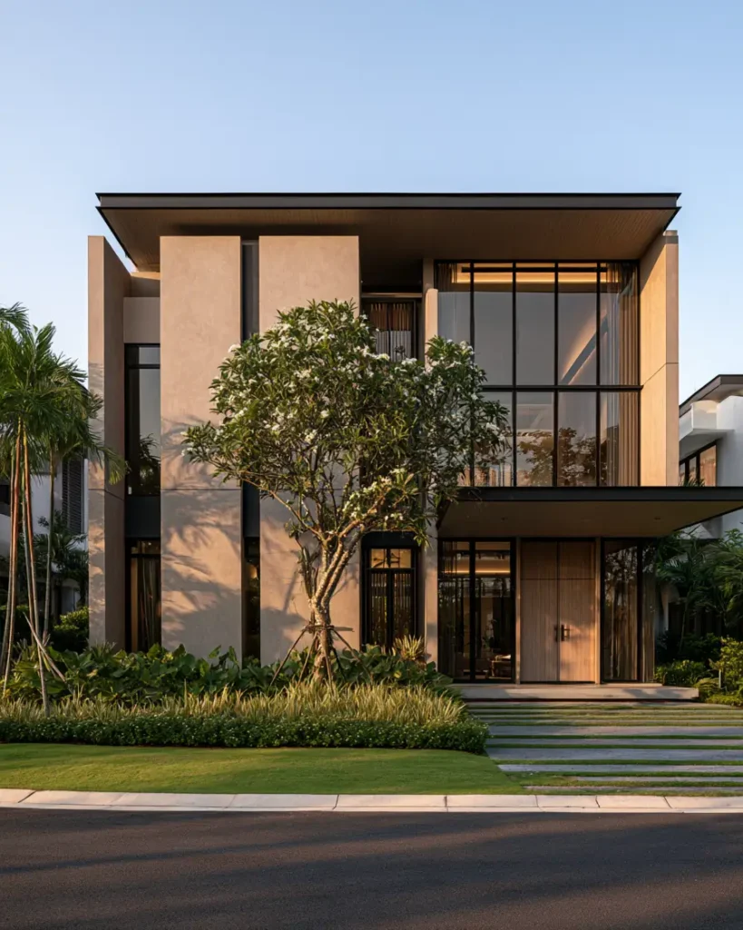 40 Tan House With Black Trim Exteriors Worth Copying 4 Modern tan villa with black trim and floor-to-ceiling black-framed glass over tan stucco walls