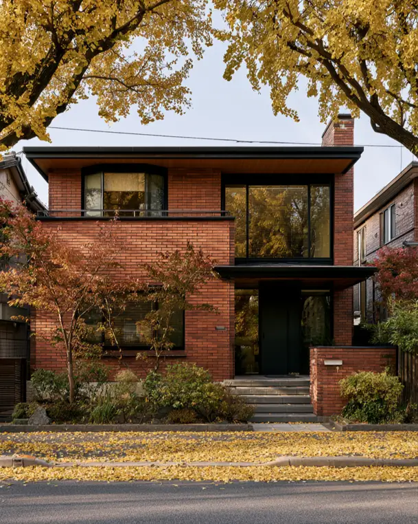 46 Red Brick House With Black Trim Ideas for Standout Curb Appeal 4 Modern red brick house with black trim and a tall double-height black window
