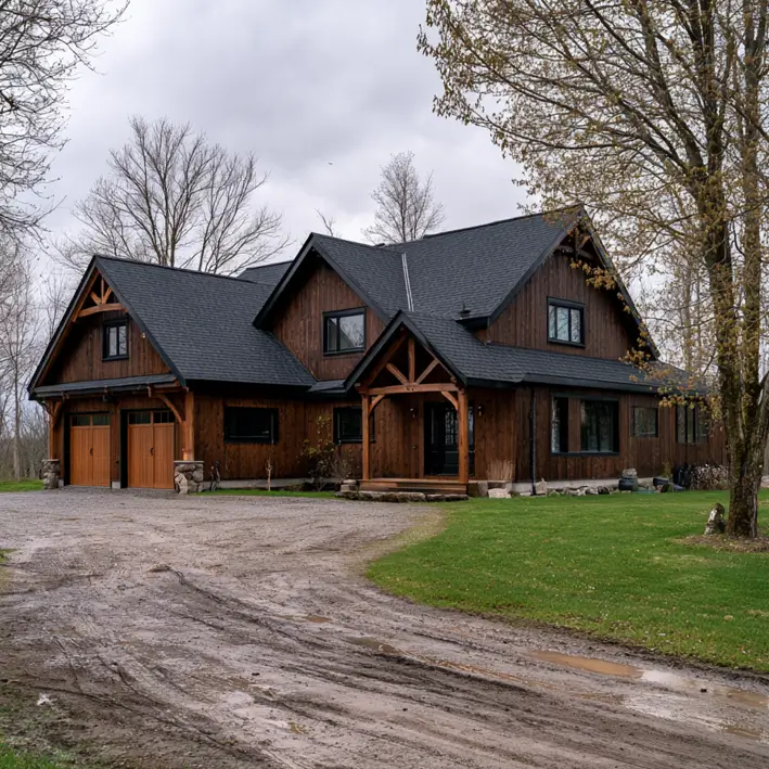 37 Brown House with Black Trim Ideas for a Warm, Modern Exterior 22 Dark brown house with black trim, stained timber-frame home with black window frames, a charcoal roof, and wood porch posts