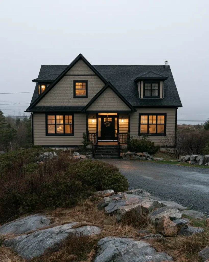 Taupe House With Black Trim: 28 Ideas + Best Paint Colors 22 Greige house with black trim on a shingled coastal Cape with charcoal window frames in the fog