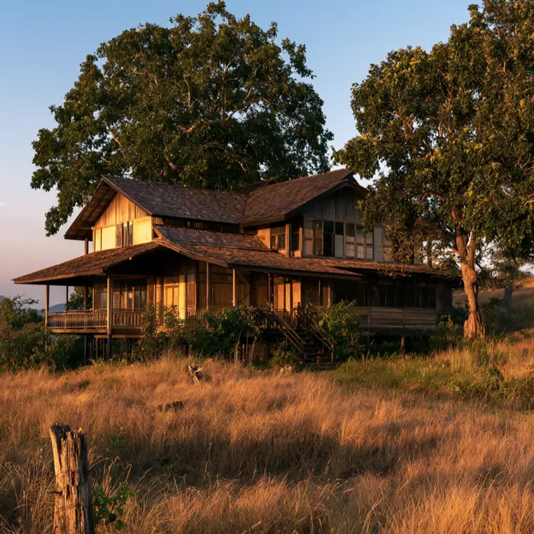 Hillside House Design: 38 Ideas for Building With the Slope 22 weathered timber hillside house on stilts atop a grassy hilltop at golden hour