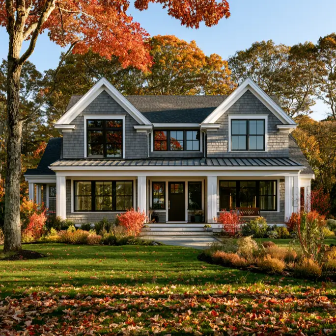 Modern Grey and White House Exterior: 30 Two-Tone Ideas 22 Modern grey and white house exterior with grey shingle siding, white wraparound porch, columns, black-framed windows, and fall foliage