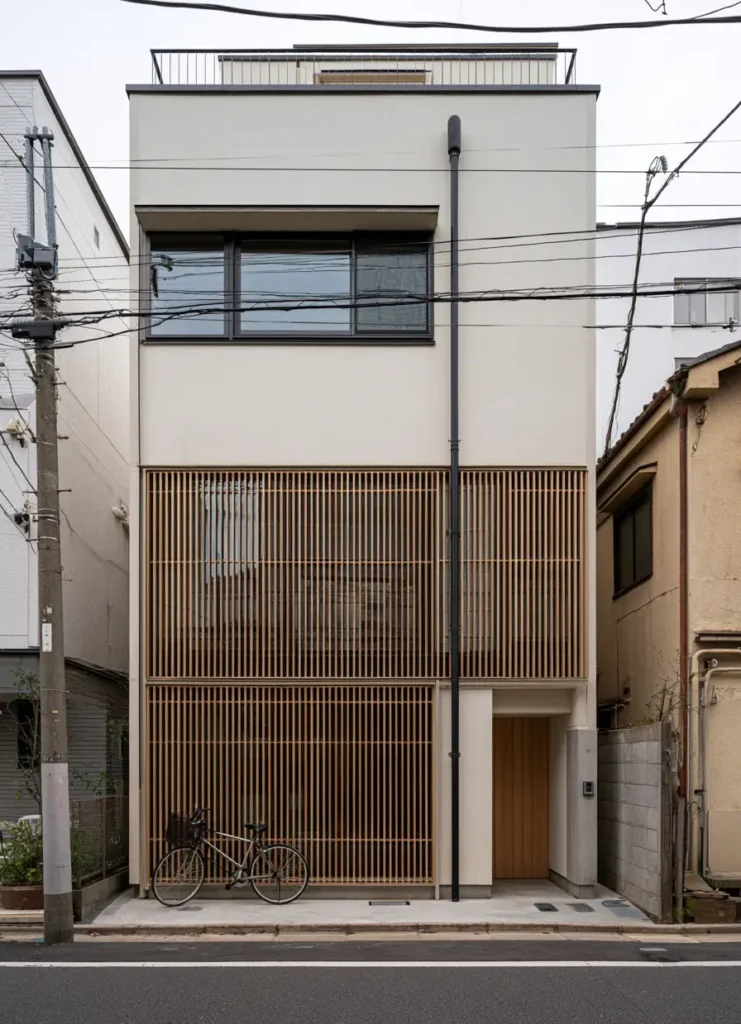Modern Japanese House Design: 58 Ideas, Costs, and What Defines the Style 22 A fine timber screen running across two floors with a band window in pale render above.