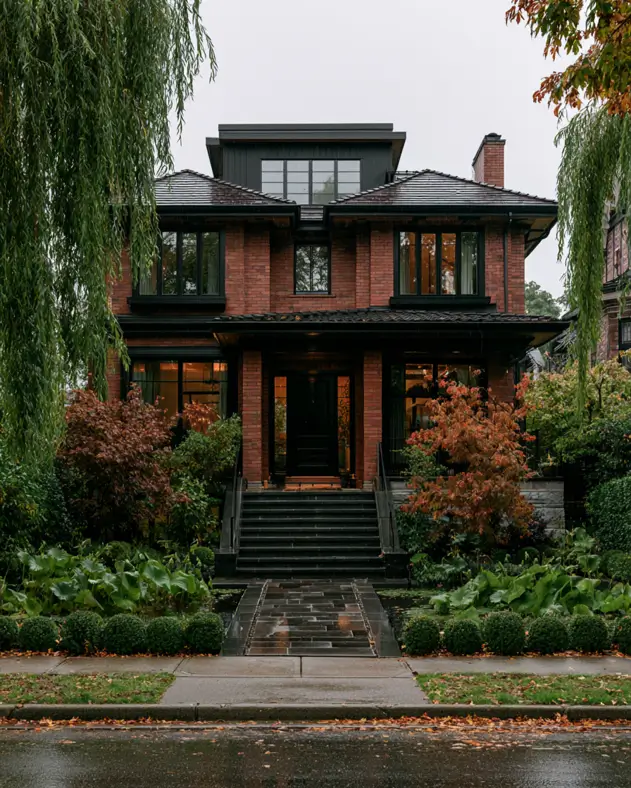 46 Red Brick House With Black Trim Ideas for Standout Curb Appeal 22 Red brick house with black trim and layered black-edged hipped rooflines