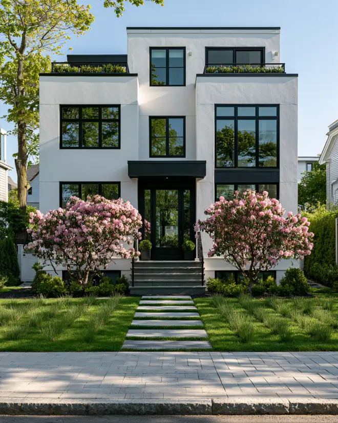 46 Modern Black and White House Exterior Ideas for a Timeless Look 22 Tiered white stucco townhouse with black-framed windows and a black entry tower