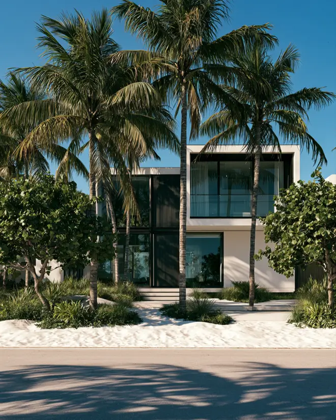 46 Modern Black and White House Exterior Ideas for a Timeless Look 23 Coastal home with a black glass volume set inside a white stucco frame