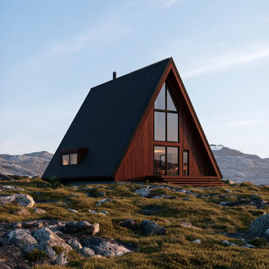 37 Brown House with Black Trim Ideas for a Warm, Modern Exterior 23 Reddish-brown wood A-frame cabin with a charcoal standing-seam roof and black-gridded gable window on a rocky moor