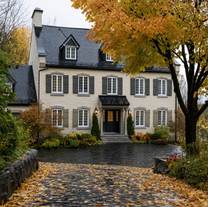 Hillside House Design: 38 Ideas for Building With the Slope 23 cream French country hillside home above a climbing cobblestone drive and stone retaining wall