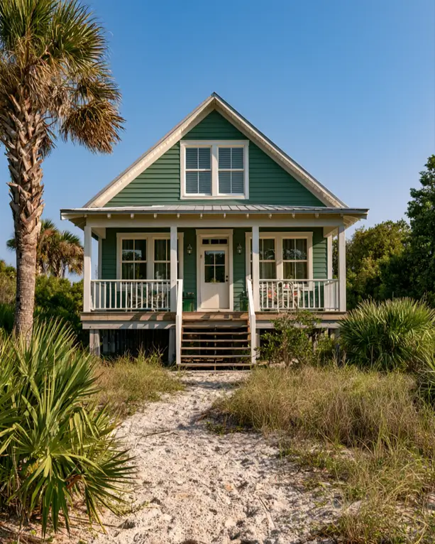 43 Green House With White Trim Ideas for Fresh Curb Appeal 23 mid green house with white trim, a raised porch, and white columns on a beach cottage above the dunes