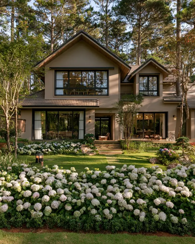 Taupe House With Black Trim: 28 Ideas + Best Paint Colors 23 Taupe house with black trim on a greige stucco two-story with black windows among pines and hydrangeas