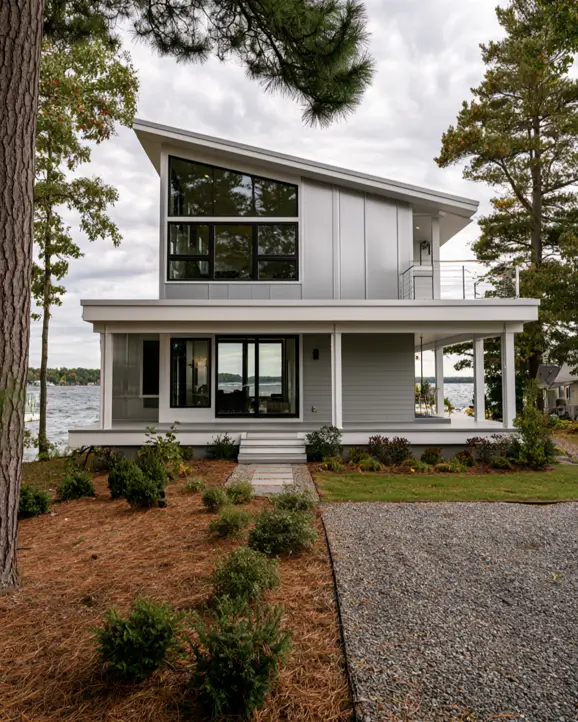 Modern Grey and White House Exterior: 30 Two-Tone Ideas 23 Modern grey and white house exterior with white board-and-batten upper storey, grey lap siding porch level, black windows, and a lake view