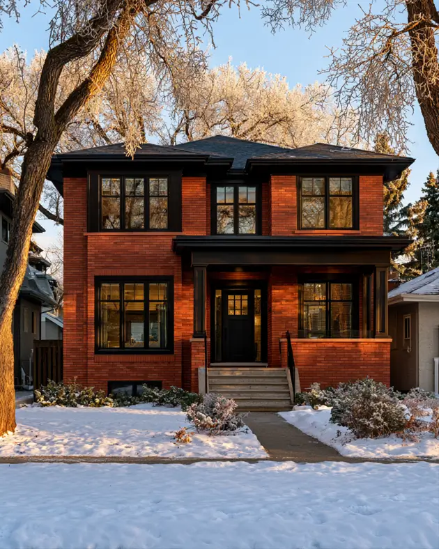 46 Red Brick House With Black Trim Ideas for Standout Curb Appeal 23 Red brick house with black trim and black-framed windows glowing in winter light