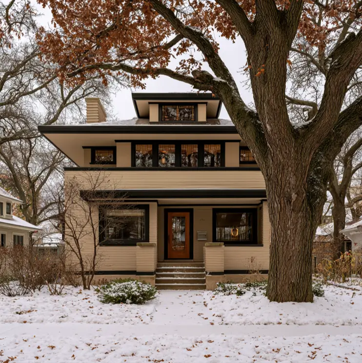 40 Tan House With Black Trim Exteriors Worth Copying 23 Prairie-style tan and black house foursquare with black trim along the eaves and horizontal window bands