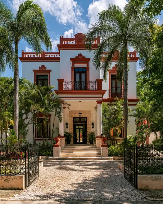 White House with Red Trim: 27 Ideas and How to Pick Your Red 23 White house with red trim, warm terracotta trim on a Spanish Colonial mansion framed by royal palms
