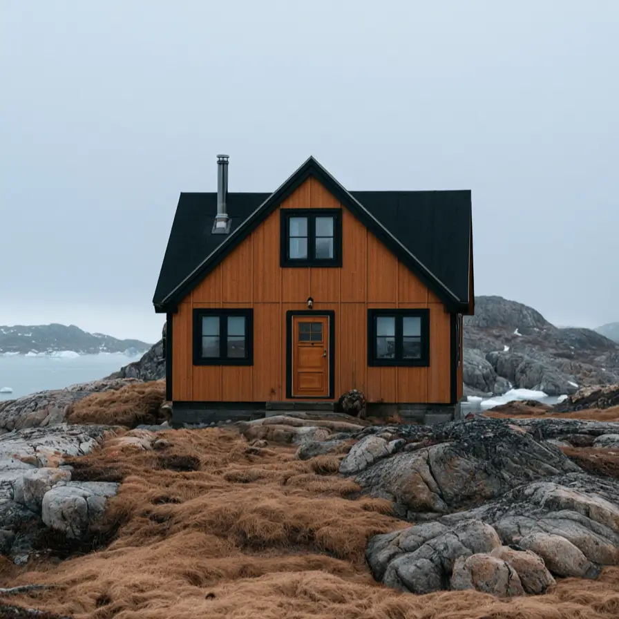37 Brown House with Black Trim Ideas for a Warm, Modern Exterior 24 Small warm-brown vertical wood cabin with a steep black gable roof and bold dark window surrounds on Arctic tundra