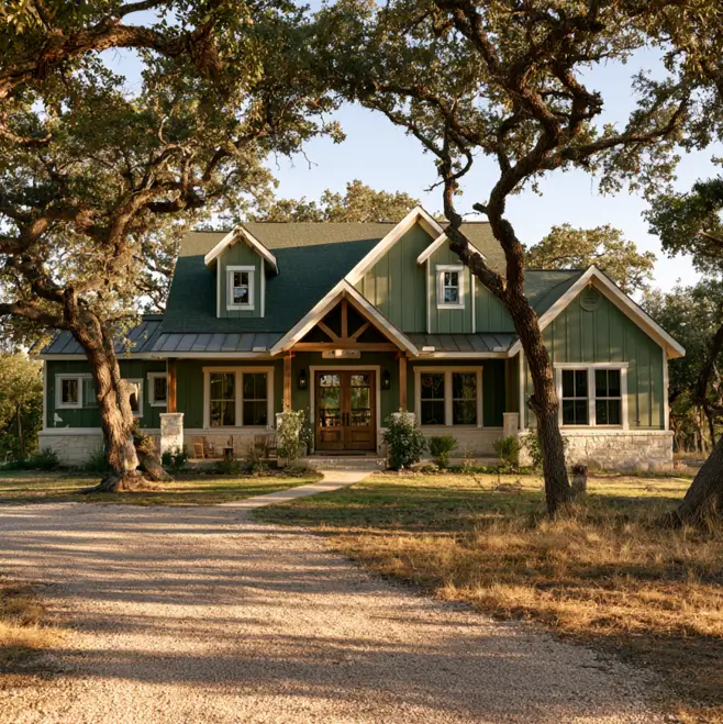 43 Green House With White Trim Ideas for Fresh Curb Appeal 24 green house with white trim, stone base, and cedar entry timbers on a Texas Hill Country farmhouse
