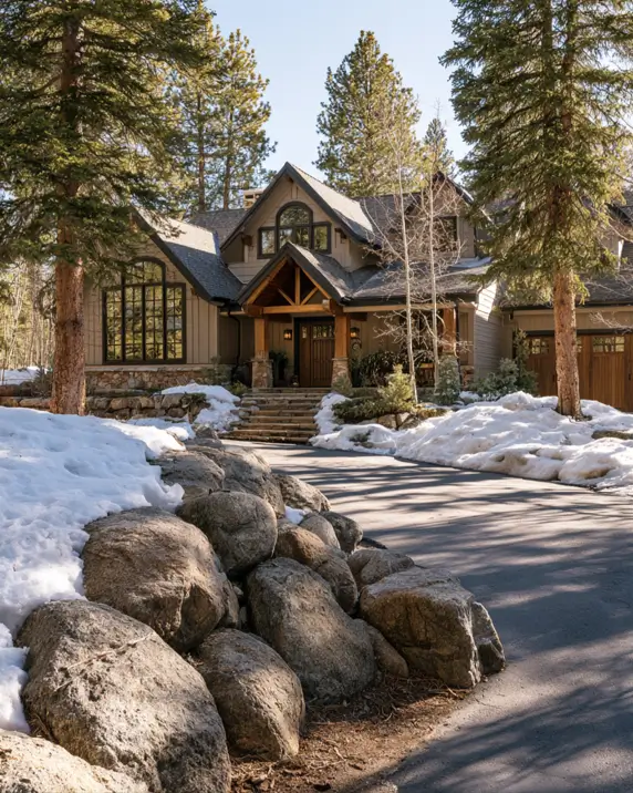 Taupe House With Black Trim: 28 Ideas + Best Paint Colors 24 Taupe house with black trim on a greige mountain Craftsman with black windows and timber entry beams in snow