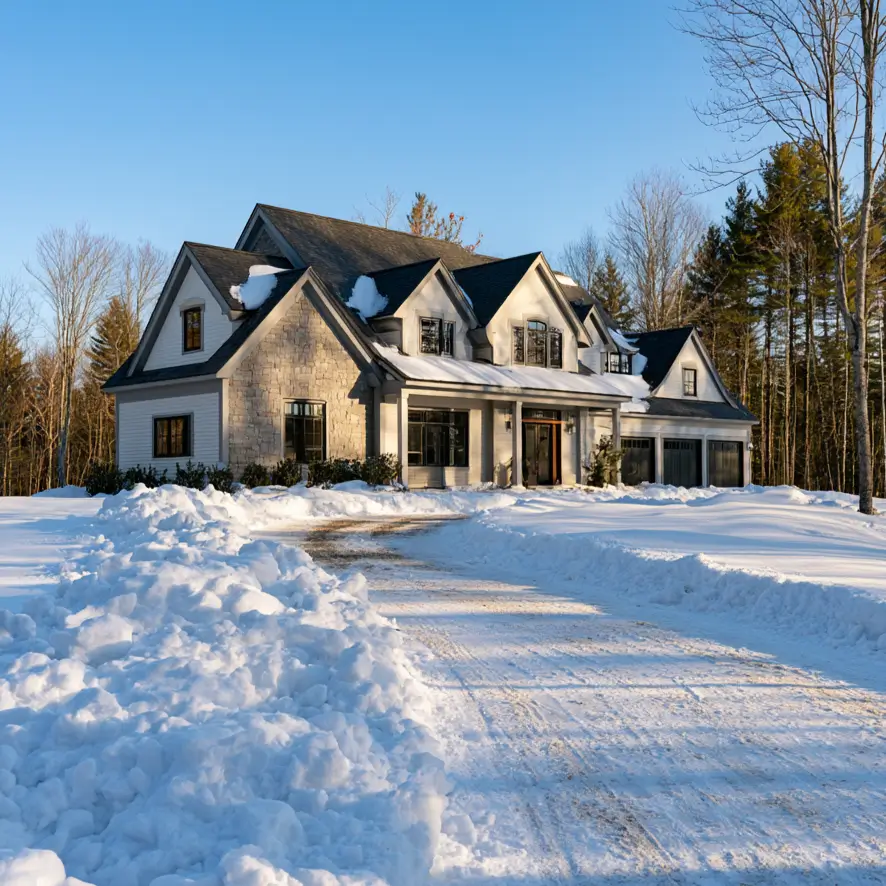 Modern Grey and White House Exterior: 30 Two-Tone Ideas 24 Modern grey and white house exterior with white siding, grey stone accents, dark grey roof, multiple gables, black windows, and a snowy driveway