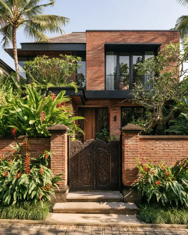46 Red Brick House With Black Trim Ideas for Standout Curb Appeal 24 Tropical red brick house with black trim and a black window band