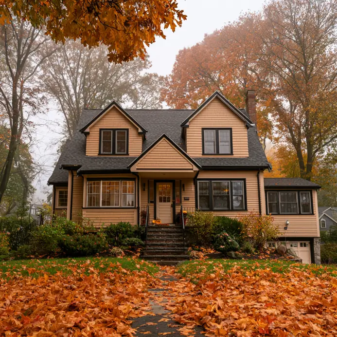 40 Tan House With Black Trim Exteriors Worth Copying 24 Colonial tan house with black trim on clapboard siding, surrounded by autumn leaves