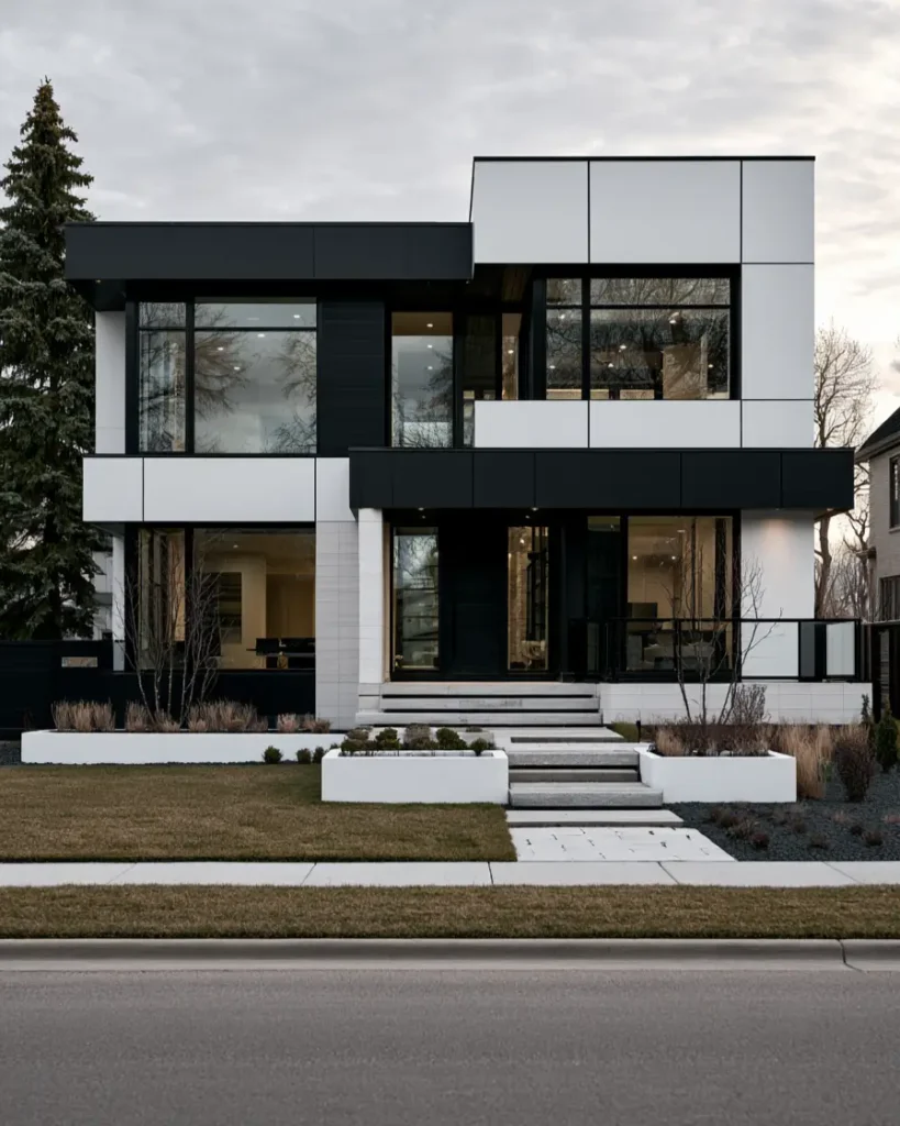 46 Modern Black and White House Exterior Ideas for a Timeless Look 24 Modern black and white house exterior with white composite panels and black fascia bands