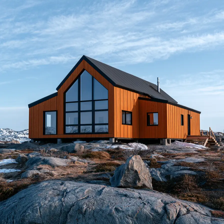 37 Brown House with Black Trim Ideas for a Warm, Modern Exterior 25 Honey-brown vertical wood Nordic cabin with a black-gridded gable window and charcoal roof, raised on posts above tundra