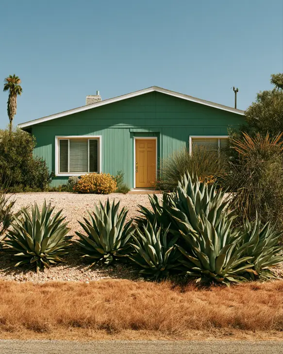 43 Green House With White Trim Ideas for Fresh Curb Appeal 25 green house with white trim, a yellow front door, and agave landscaping on a midcentury desert ranch