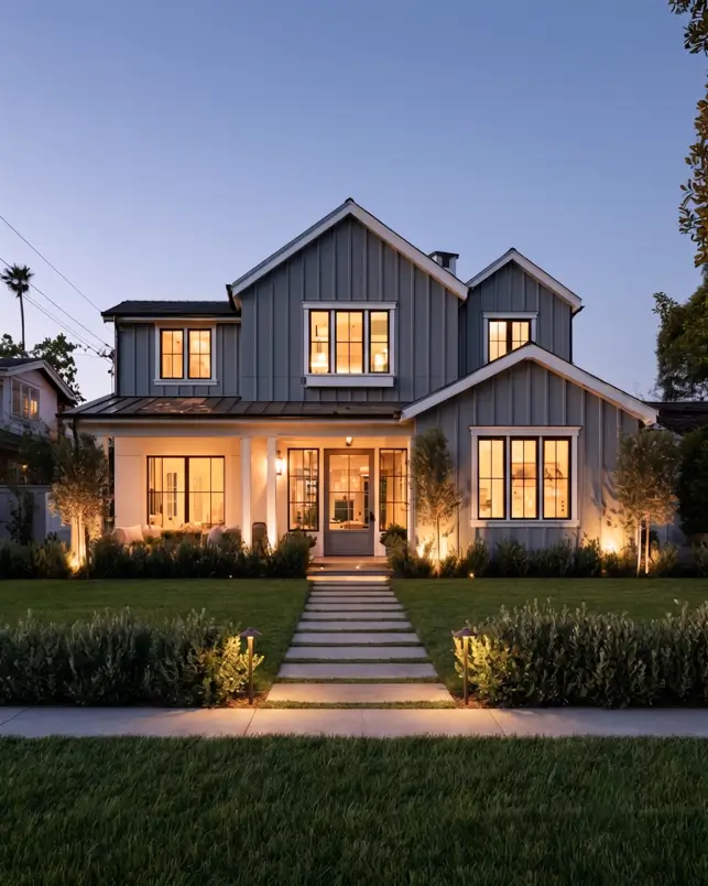 Modern Grey and White House Exterior: 30 Two-Tone Ideas 25 Modern grey and white house exterior modern farmhouse with grey board-and-batten siding, white trim, black windows, gabled roof, and warm dusk lighting