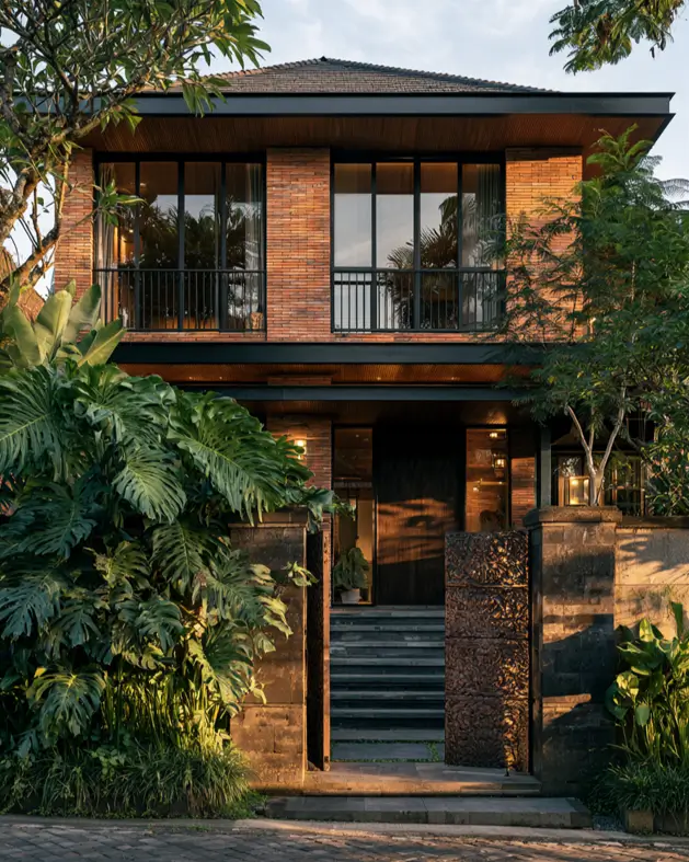 46 Red Brick House With Black Trim Ideas for Standout Curb Appeal 25 Tropical red brick villa with black trim and slim black balcony railings