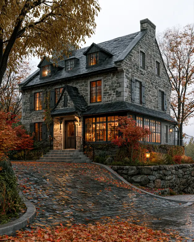 Hillside House Design: 38 Ideas for Building With the Slope 25 fieldstone hillside manor on a raised terrace with a stone retaining wall and cobblestone drive