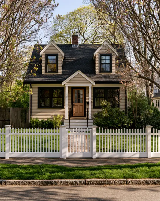 40 Tan House With Black Trim Exteriors Worth Copying 25 Cape Cod tan and black house with black window trim, dormers, and a white picket fence