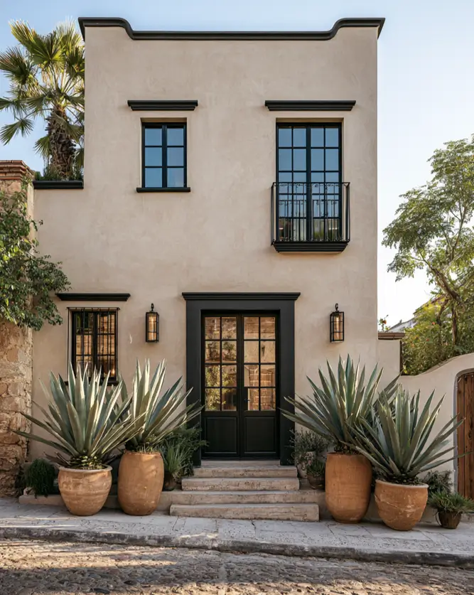 Taupe House With Black Trim: 28 Ideas + Best Paint Colors 25 Taupe house with black trim on a pale Spanish-revival stucco home with black lintels and a Juliet balcony