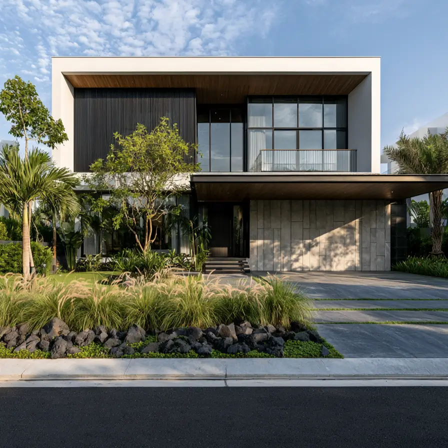 46 Modern Black and White House Exterior Ideas for a Timeless Look 25 White frame with a black slat panel and a warm wood soffit