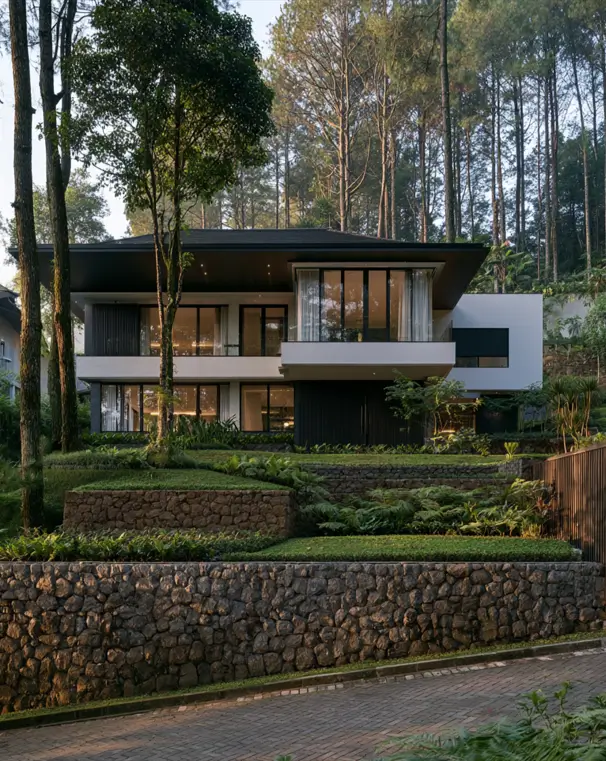 46 Modern Black and White House Exterior Ideas for a Timeless Look 26 Hillside home with a floating black roof over white bands