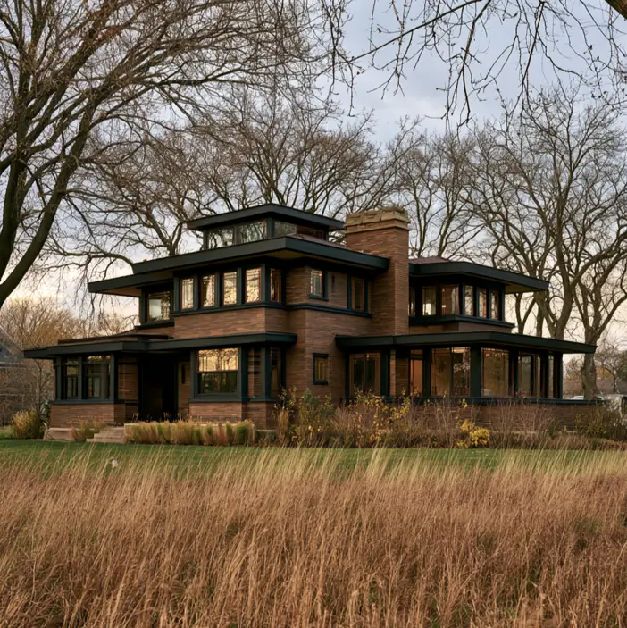 37 Brown House with Black Trim Ideas for a Warm, Modern Exterior 26 Brown brick house with black trim, a Prairie-style home with dark horizontal banding and charcoal window frames in a meadow