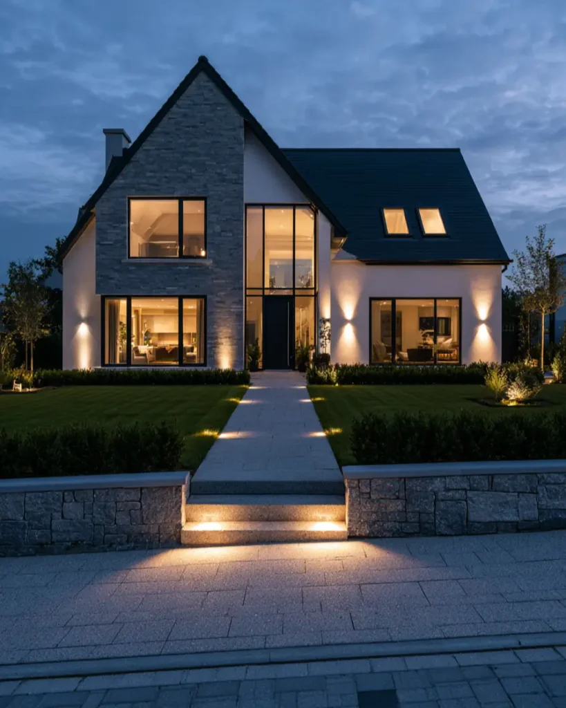Modern Grey and White House Exterior: 30 Two-Tone Ideas 26 Modern grey and white house exterior with grey stone gable, white rendered walls, dark tiled roof, and warm exterior lighting at dusk