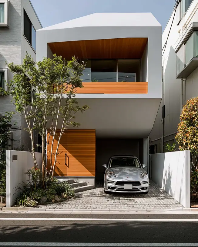 Modern Japanese House Design: 58 Ideas, Costs, and What Defines the Style 26 A folded peaked roofline above a cedar-lined recessed balcony and open carport.