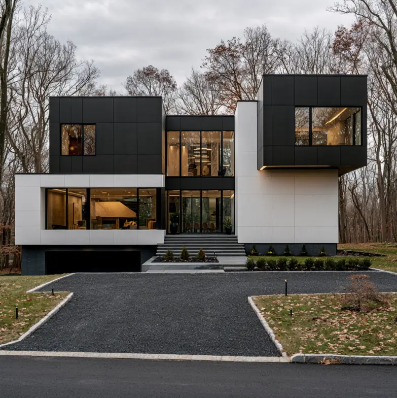 Hillside House Design: 38 Ideas for Building With the Slope 26 black and white split-level modern hillside house with a tuck-under garage on a wooded grade