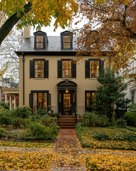 40 Tan House With Black Trim Exteriors Worth Copying 26 Tan house with black trim and tall black shutters on a Colonial, with an arched dark door in fall
