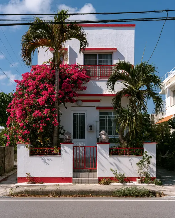 White House with Red Trim: 27 Ideas and How to Pick Your Red 26 White house with red trim, scarlet parapet lines and a red gate with bougainvillea and palms