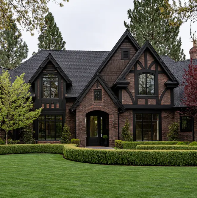 37 Brown House with Black Trim Ideas for a Warm, Modern Exterior 27 Warm reddish-brown brick Tudor with bold black half-timbering, black window frames, and an arched black door