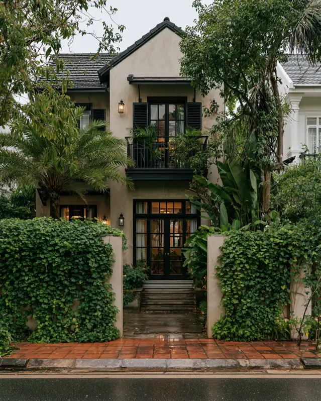 Taupe House With Black Trim: 28 Ideas + Best Paint Colors 27 Taupe house with black trim on a greige stucco colonial townhouse with black shutters and French doors