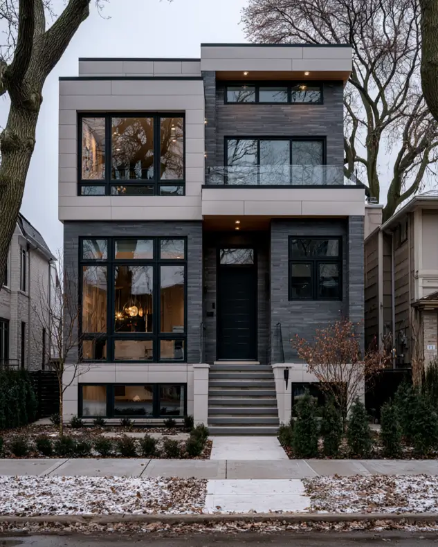Modern Grey and White House Exterior: 30 Two-Tone Ideas 27 Modern grey and white house exterior three-story urban home with grey stacked-stone, white panels, black-framed windows, and glass balcony