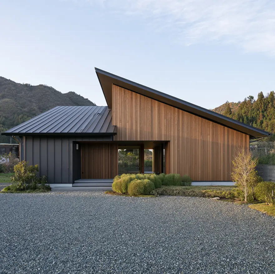 Modern Japanese House Design: 58 Ideas, Costs, and What Defines the Style 27 A sharply angled monopitch roof over a cedar-clad gable, with an open passage cut through the middle.