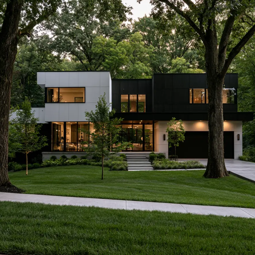 46 Modern Black and White House Exterior Ideas for a Timeless Look 27 Modern black and white house exterior with a white block beside a matching black volume at dusk