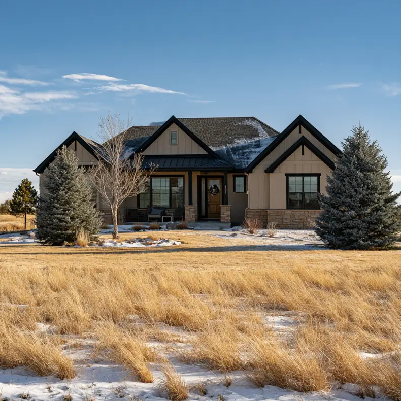 40 Tan House With Black Trim Exteriors Worth Copying 27 Single-story ranch tan and black house with board-and-batten siding, black window trim, and a stone base